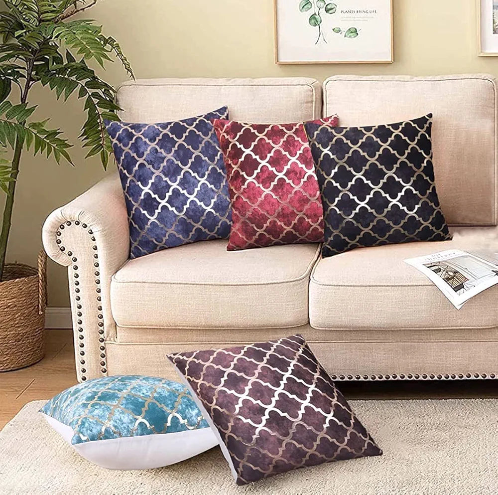 Cloth Fusion 100 TC Velvet Sofa Cushion Cover Set of 5, Decorative HD Gold Foil Cushion Cover Set 16-inch x 16-inch for Living Room